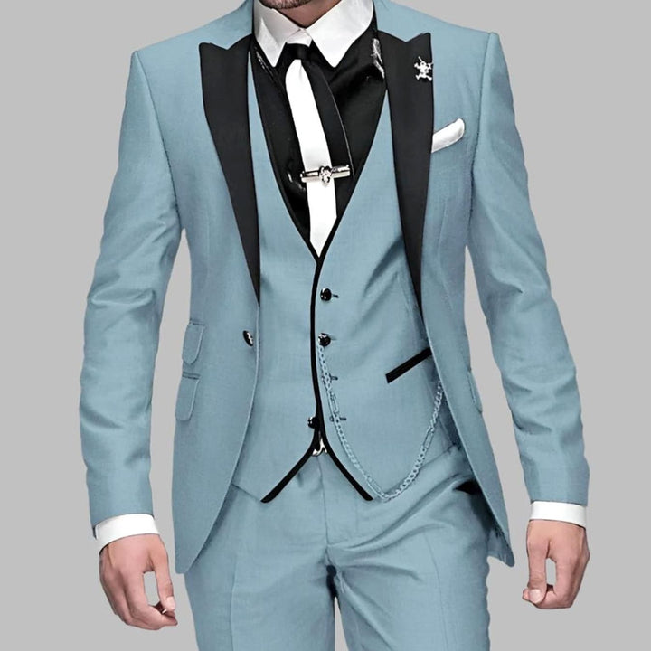 Men's Three-Piece Contrast-Lapel Slim-Fit Wedding Suit Set - Light Blue