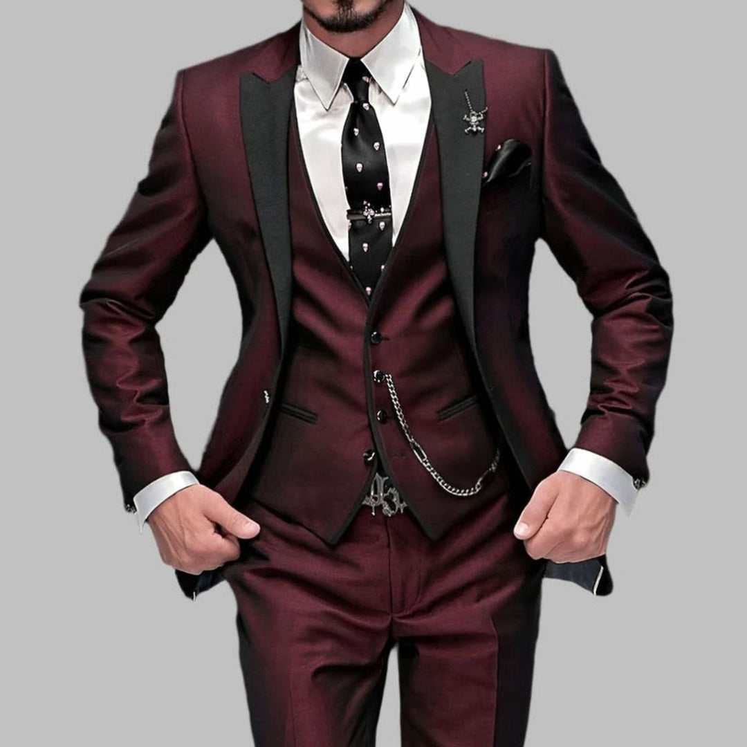 Men's Three-Piece Contrast-Lapel Slim-Fit Wedding Suit Set - Burgundy Red