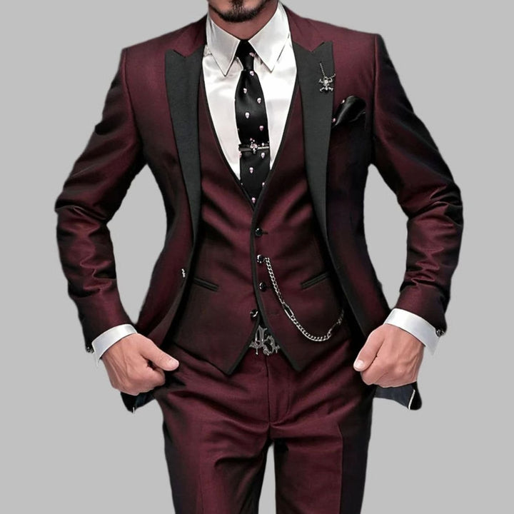 Men's Three-Piece Contrast-Lapel Slim-Fit Wedding Suit Set - Burgundy Red