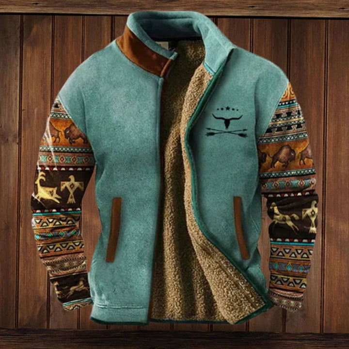 Men's Tribal Print Sherpa-Lined Full-Zip Winter Coat - Blue