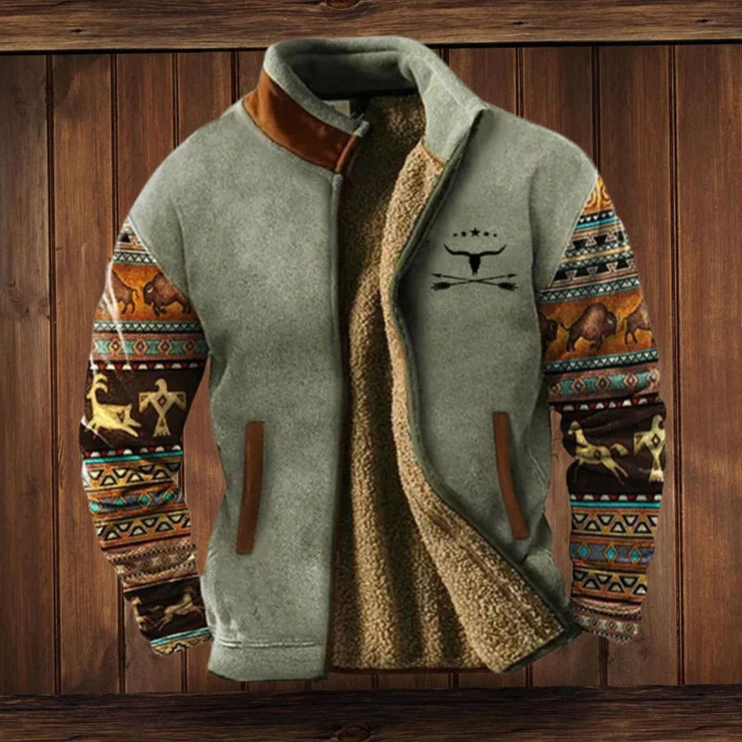 Men's Tribal Print Sherpa-Lined Full-Zip Winter Coat - Gray