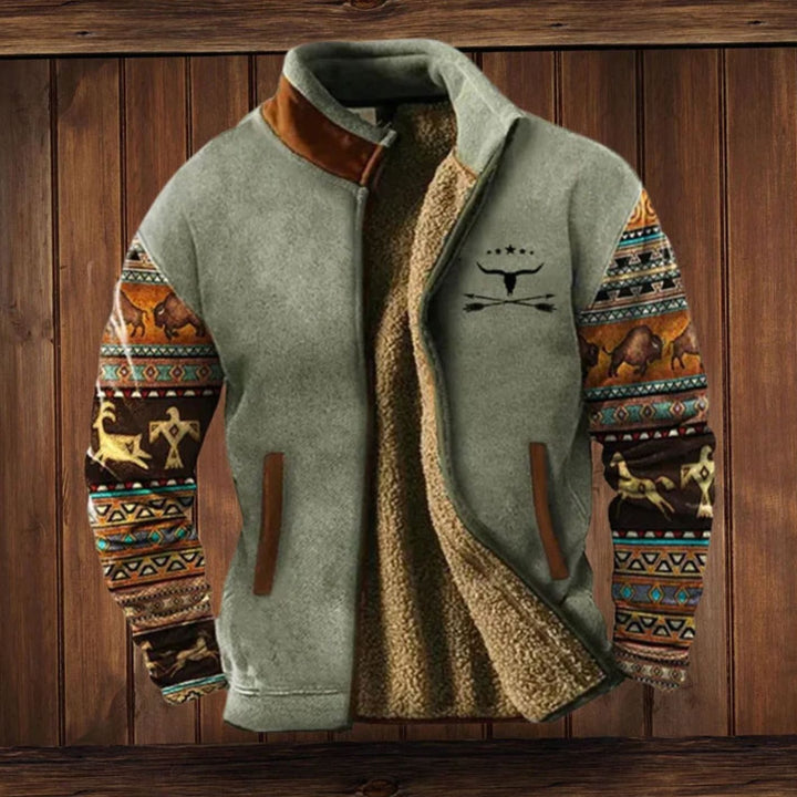 Men's Tribal Print Sherpa-Lined Full-Zip Winter Coat - Gray