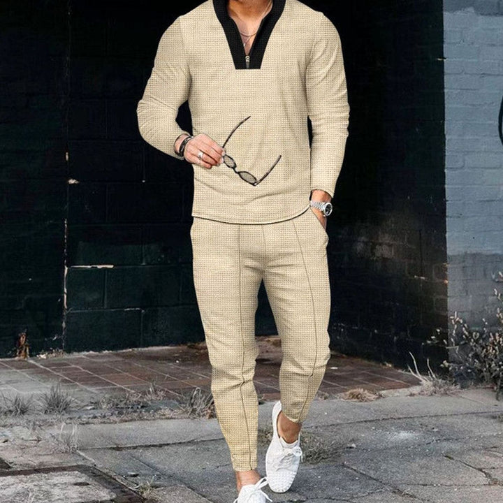 Men's Two Piece Outfit Long-Sleeve Zip V-Neck Top Jogger Pants Set - Khaki