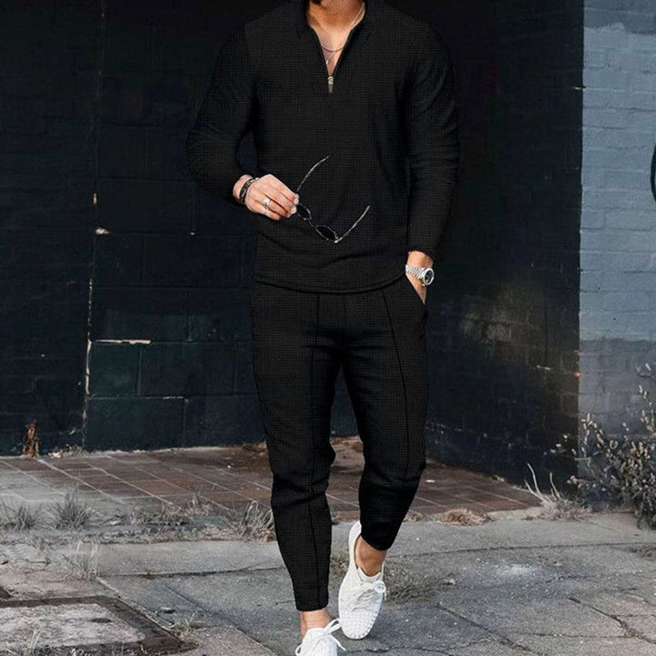 Men's Two Piece Outfit Long-Sleeve Zip V-Neck Top Jogger Pants Set - Black