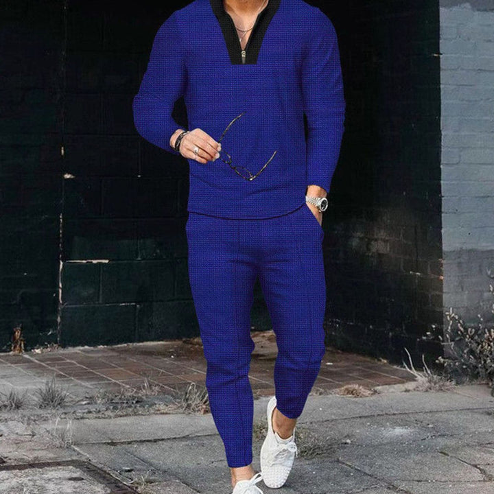 Men's Two Piece Outfit Long-Sleeve Zip V-Neck Top Jogger Pants Set - Blue