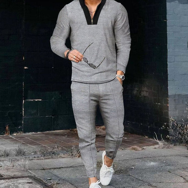 Men's Two Piece Outfit Long-Sleeve Zip V-Neck Top Jogger Pants Set - Grey