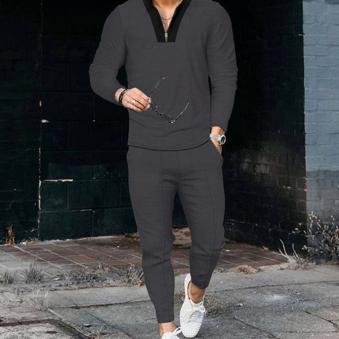 Men's Two Piece Outfit Long-Sleeve Zip V-Neck Top Jogger Pants Set - Dark Grey
