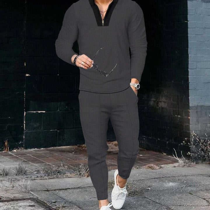 Men's Two Piece Outfit Long-Sleeve Zip V-Neck Top Jogger Pants Set - Dark Grey