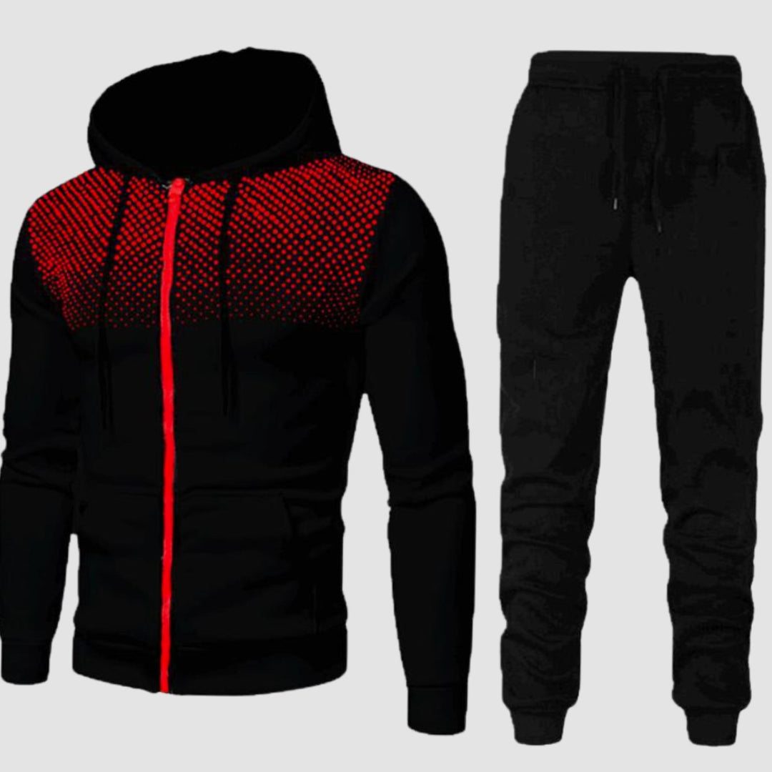 Men's Two-Piece Zip-Up Hoodie Jogger Tracksuit Set - Black Red