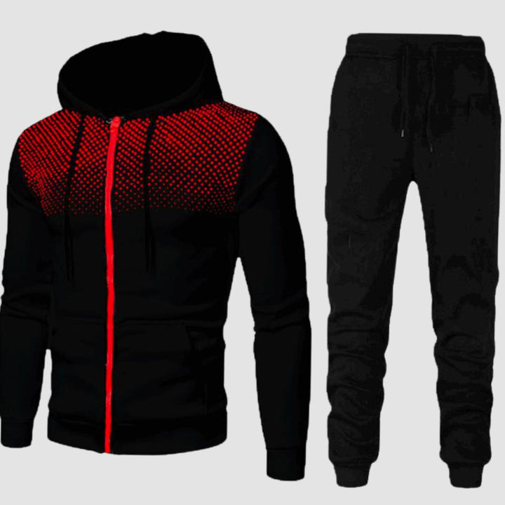 Men's Two-Piece Zip-Up Hoodie Jogger Tracksuit Set - Black Red