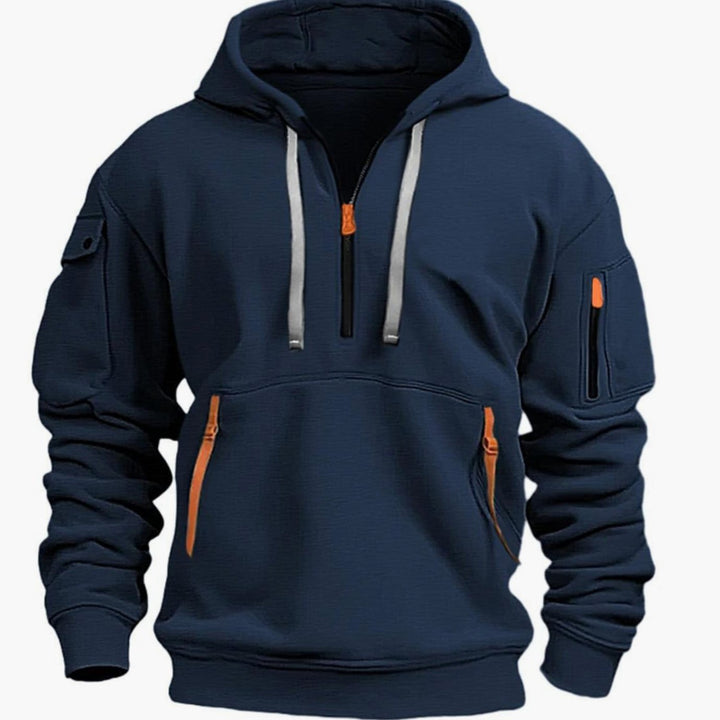 Men's Utility-Pocket Quarter-Zip Style Hoodie Long Sleeve Drawstring - Dark Blue