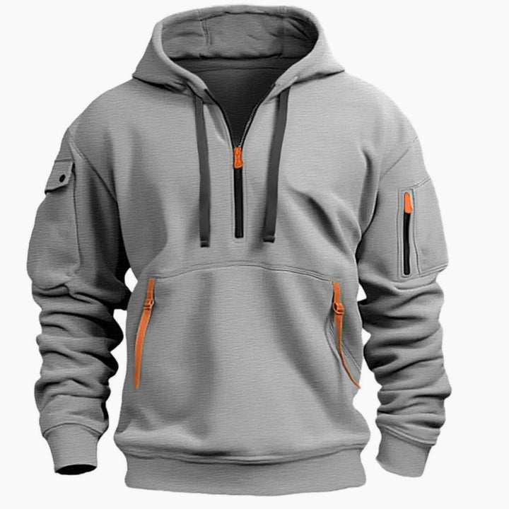 Men's Utility-Pocket Quarter-Zip Style Hoodie Long Sleeve Drawstring - Light Grey