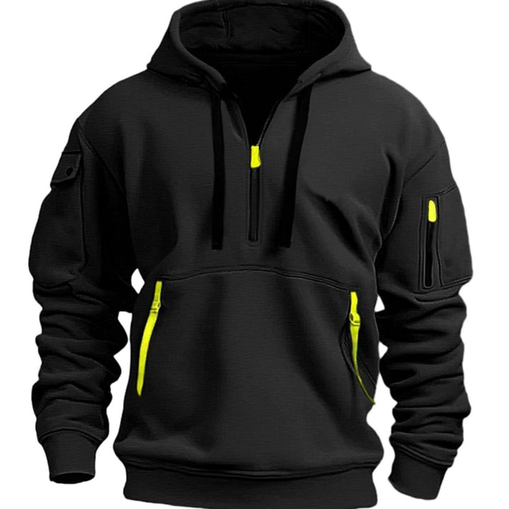 Men's Utility-Pocket Quarter-Zip Style Hoodie Long Sleeve Drawstring - Black