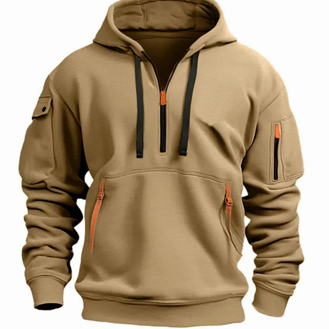 Men's Utility-Pocket Quarter-Zip Style Hoodie Long Sleeve Drawstring - Khaki