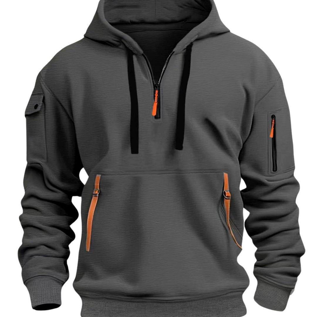 Men's Utility-Pocket Quarter-Zip Style Hoodie Long Sleeve Drawstring - Dark Grey