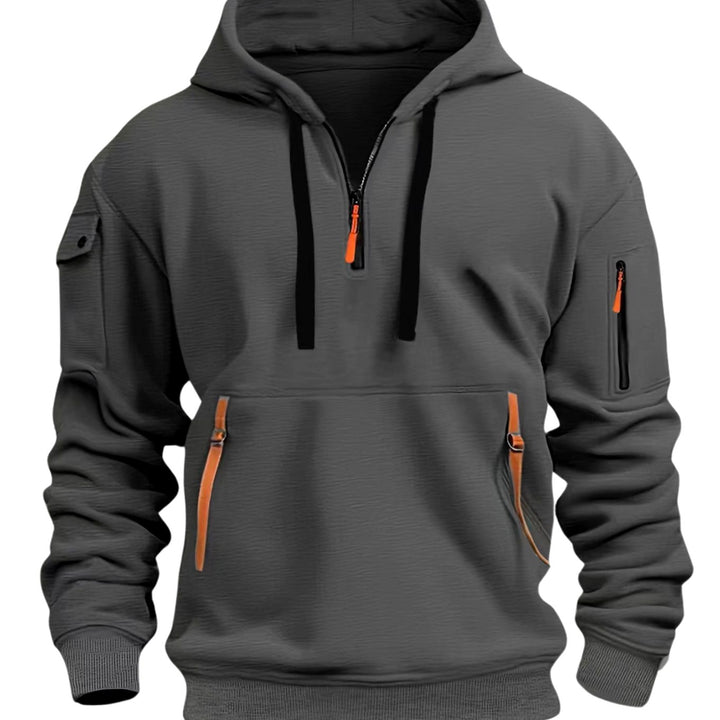 Men's Utility-Pocket Quarter-Zip Style Hoodie Long Sleeve Drawstring - Dark Grey