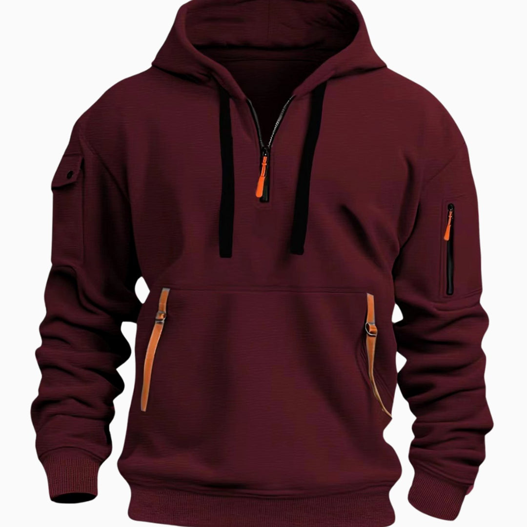 Men's Utility-Pocket Quarter-Zip Style Hoodie Long Sleeve Drawstring - Red