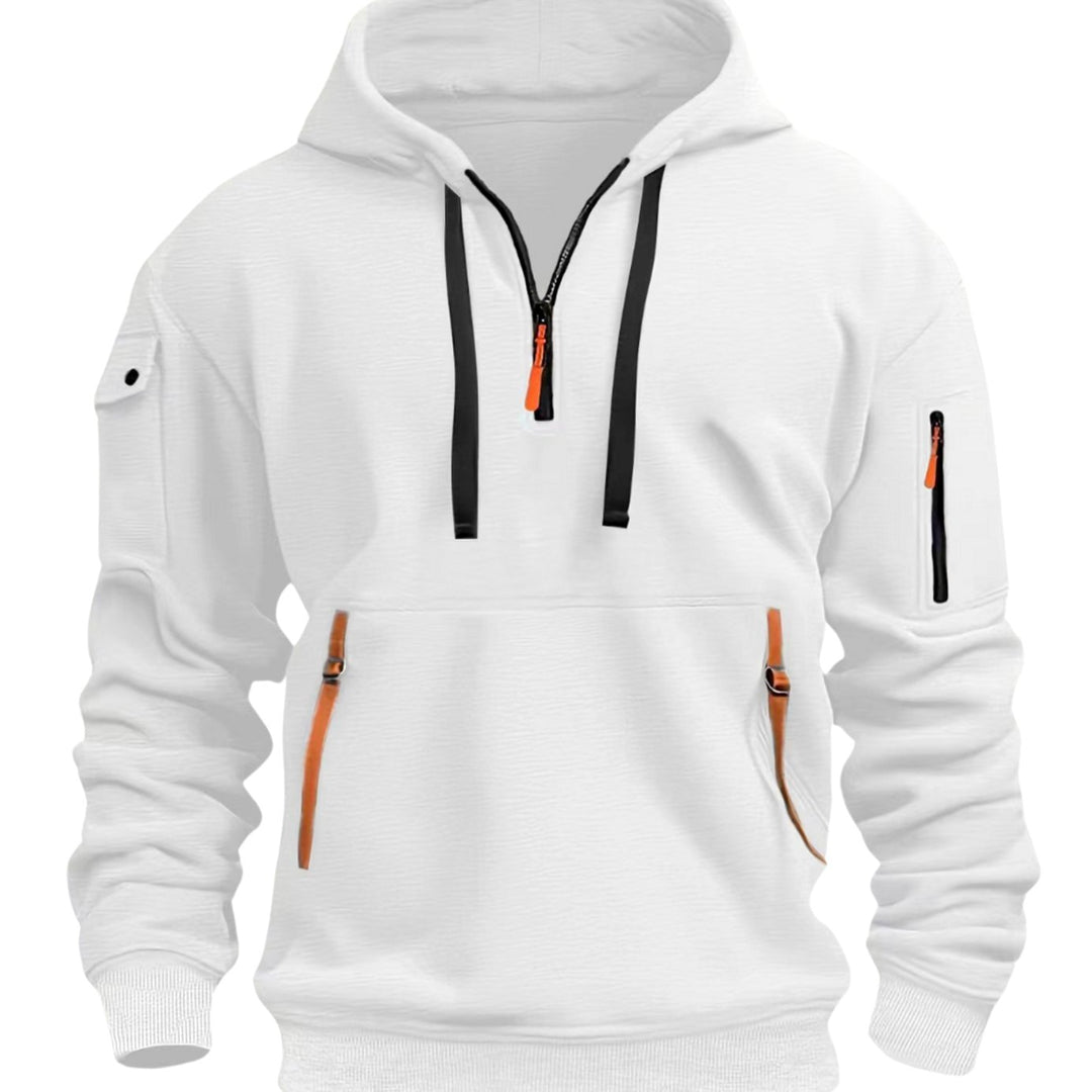 Men's Utility-Pocket Quarter-Zip Style Hoodie Long Sleeve Drawstring - White