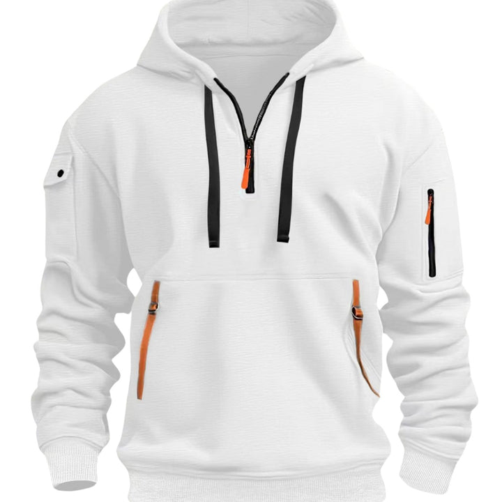 Men's Utility-Pocket Quarter-Zip Style Hoodie Long Sleeve Drawstring - White