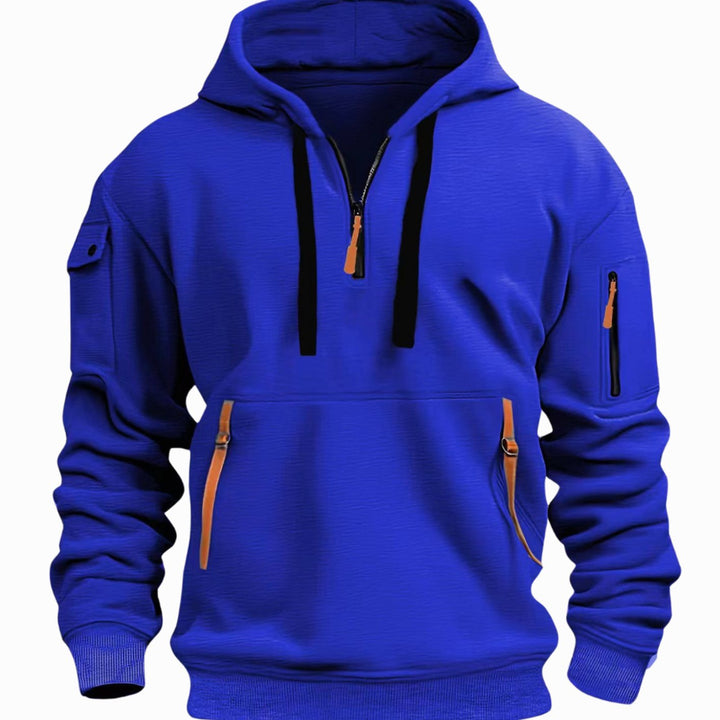 Men's Utility-Pocket Quarter-Zip Style Hoodie Long Sleeve Drawstring - Blue
