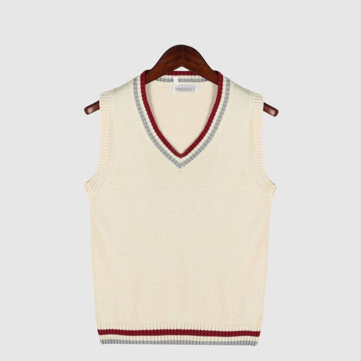 Men's V-Neck Cable Knit Striped-Trim Sleeveless Sweater Vest - Beige
