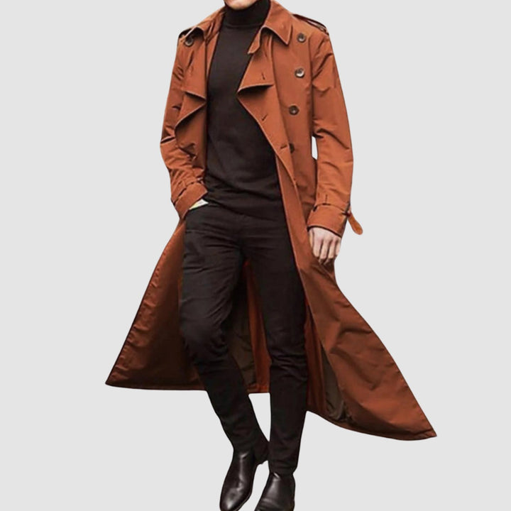 Men's Vintage Double-Breasted Long Trench Coat - Rust Brown