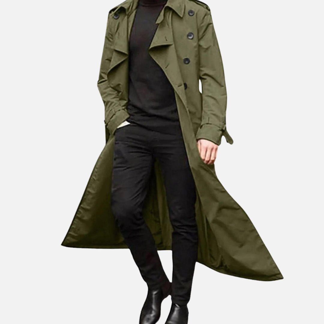 Men's Vintage Double-Breasted Long Trench Coat - Green