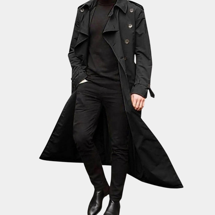Men's Vintage Double-Breasted Long Trench Coat - Black