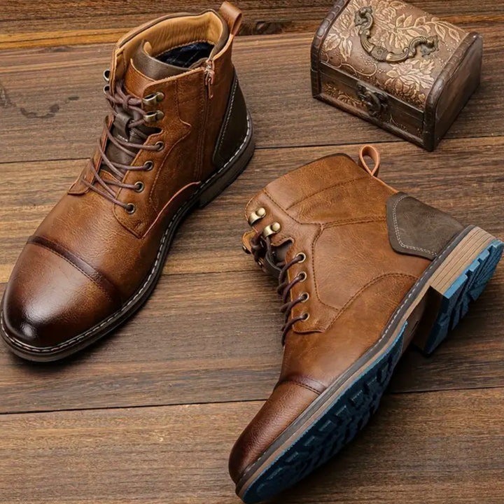 Men's Vintage Lace-Up Cap-Toe Leather Boots - Brown