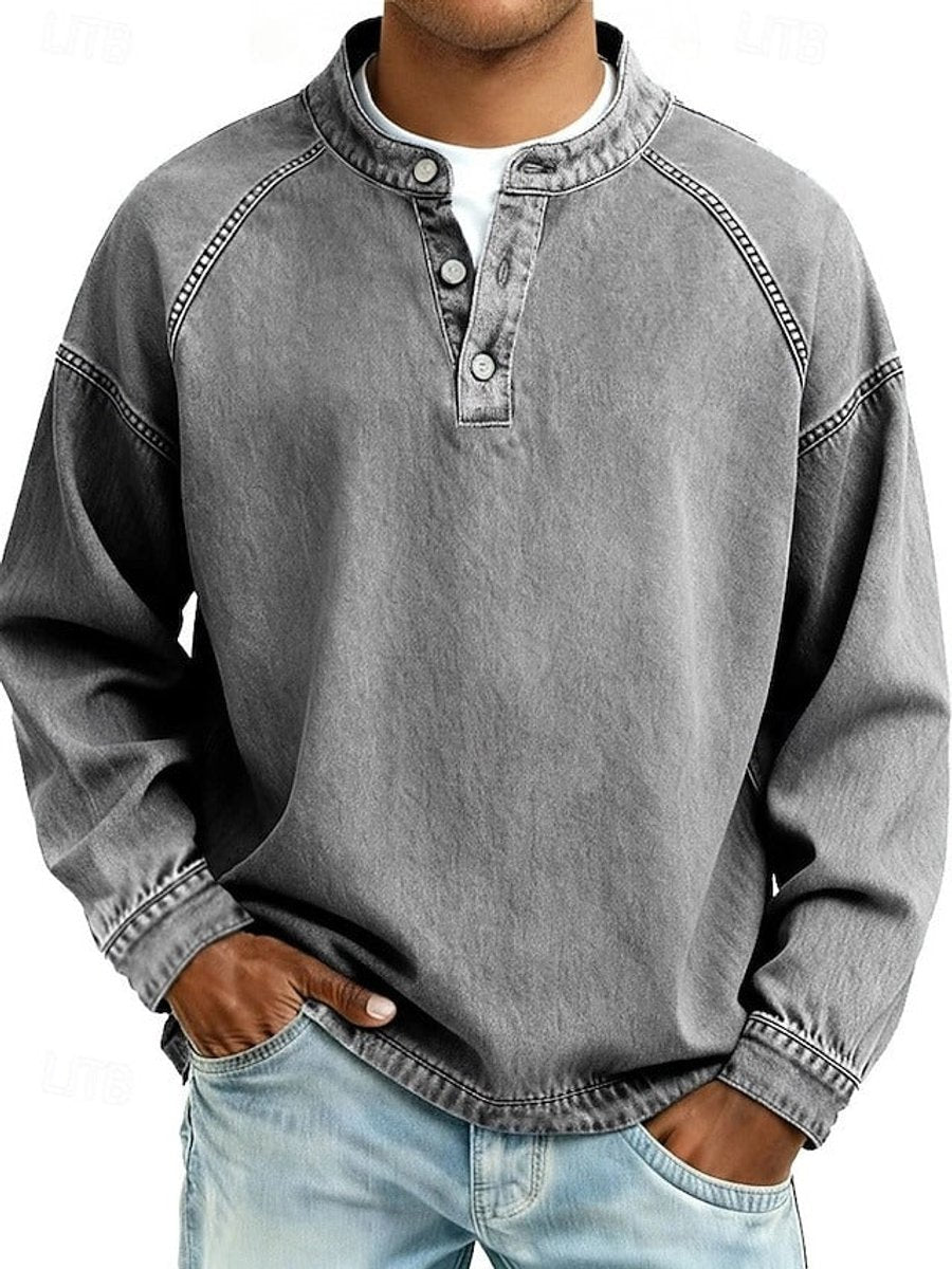 Men's Vintage Washed Henley Long-Sleeve Knit Sweater - Gray