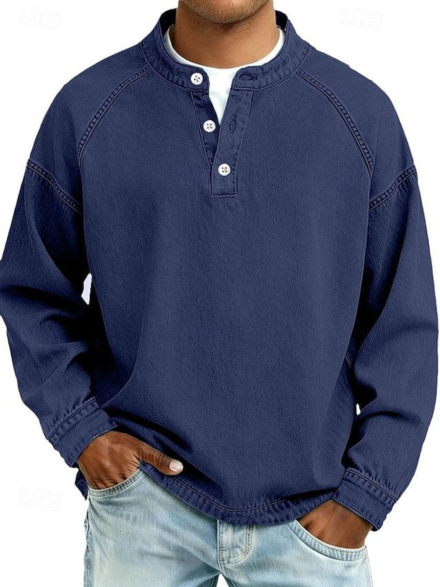 Men's Vintage Washed Henley Long-Sleeve Knit Sweater - Royal Blue