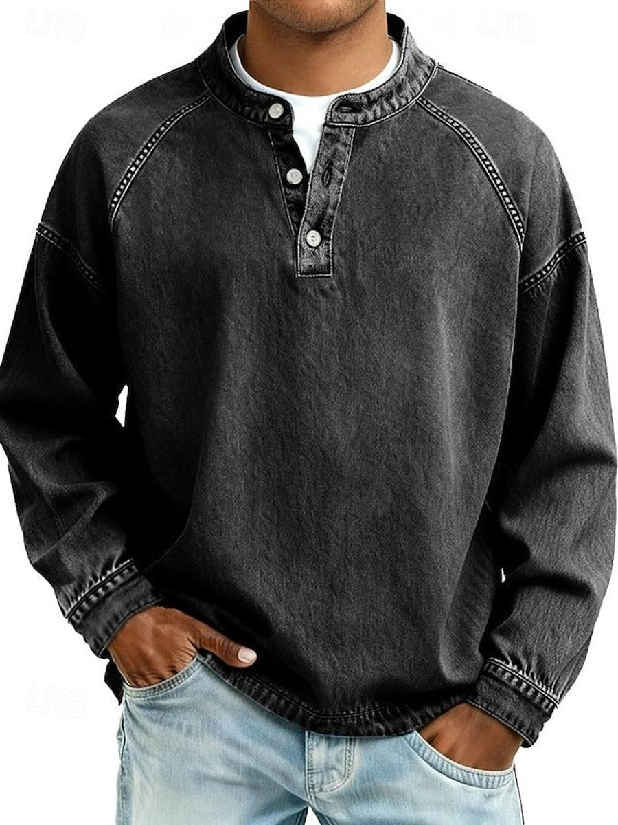 Men's Vintage Washed Henley Long-Sleeve Knit Sweater - Black