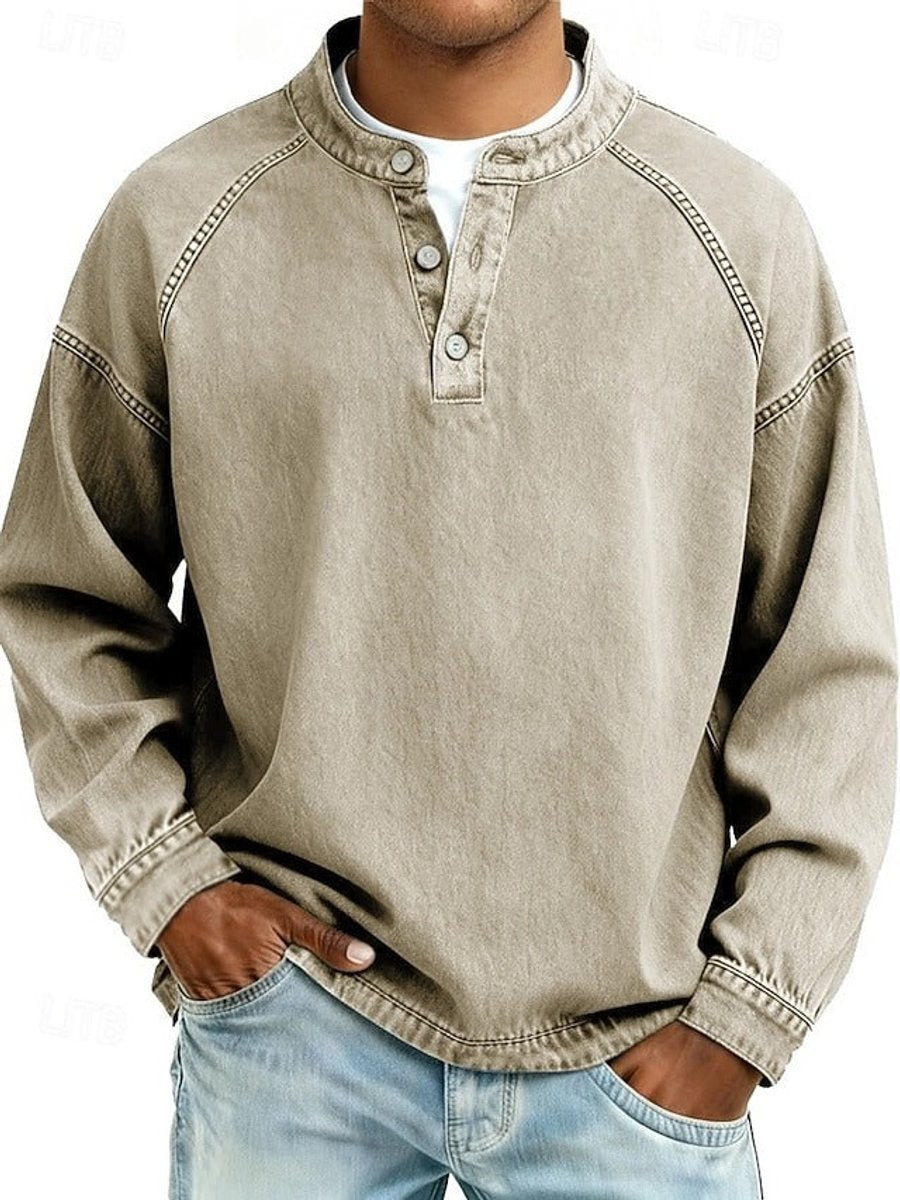 Men's Vintage Washed Henley Long-Sleeve Knit Sweater - Khaki