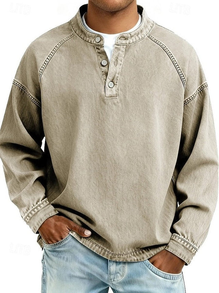 Men's Vintage Washed Henley Long-Sleeve Knit Sweater - Khaki