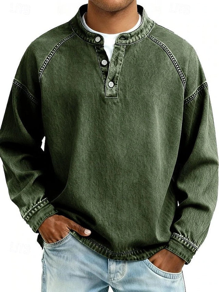 Men's Vintage Washed Henley Long-Sleeve Knit Sweater - Dark Green