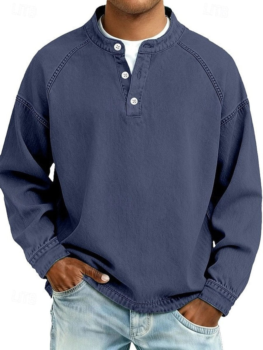 Men's Vintage Washed Henley Long-Sleeve Knit Sweater - Dark Blue