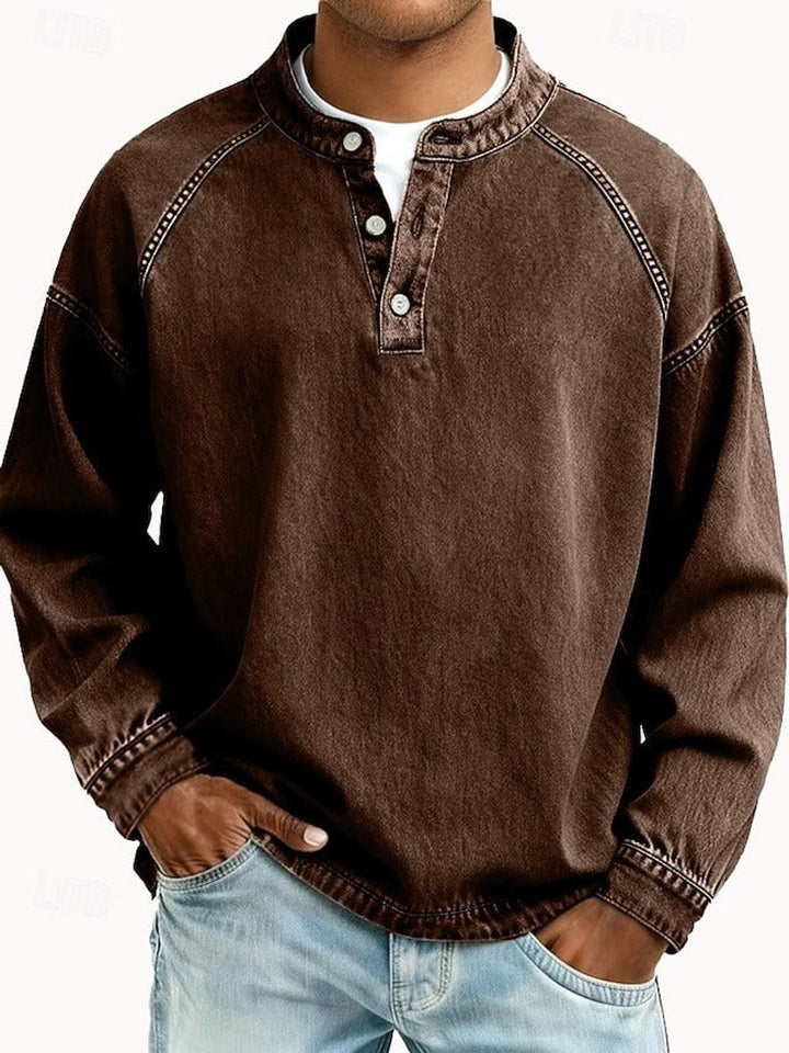 Men's Vintage Washed Henley Long-Sleeve Knit Sweater - Brown