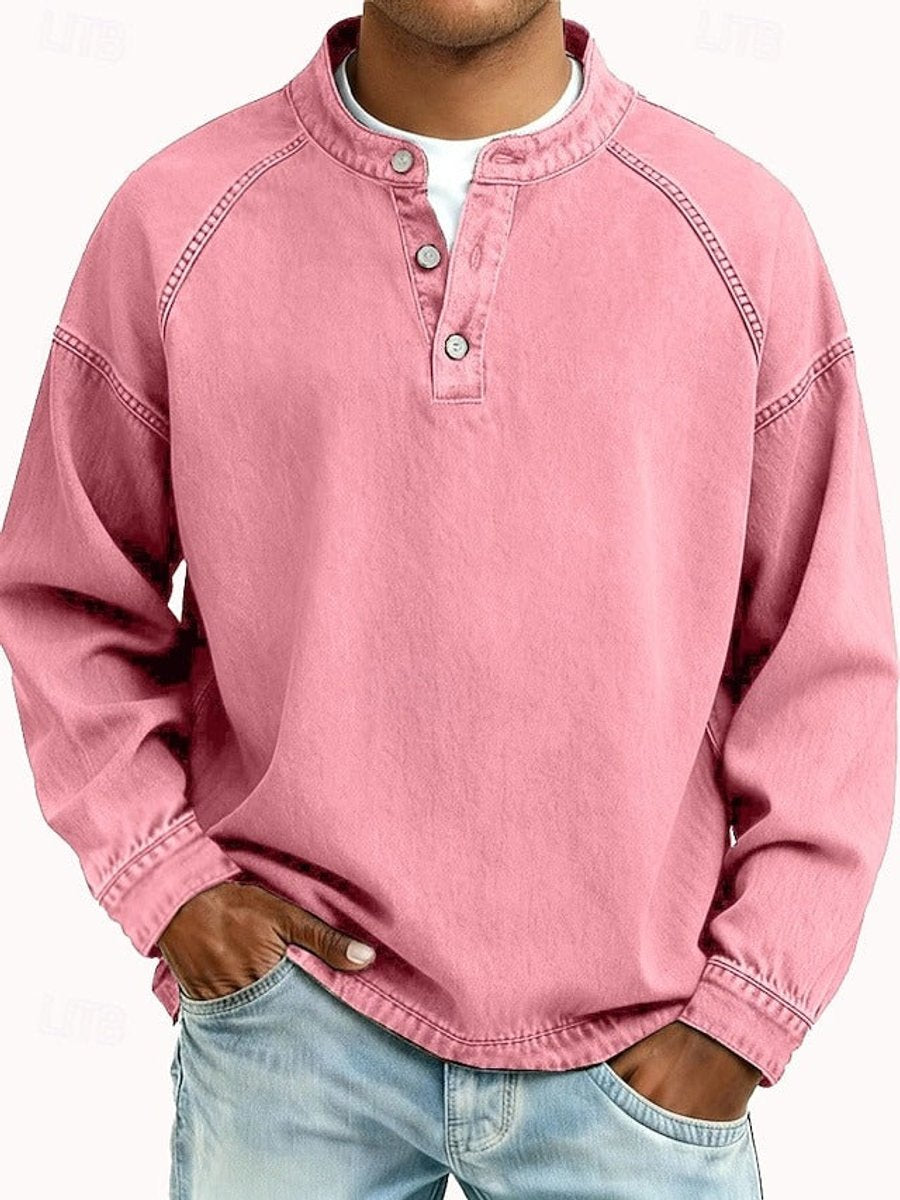 Men's Vintage Washed Henley Long-Sleeve Knit Sweater - Pink