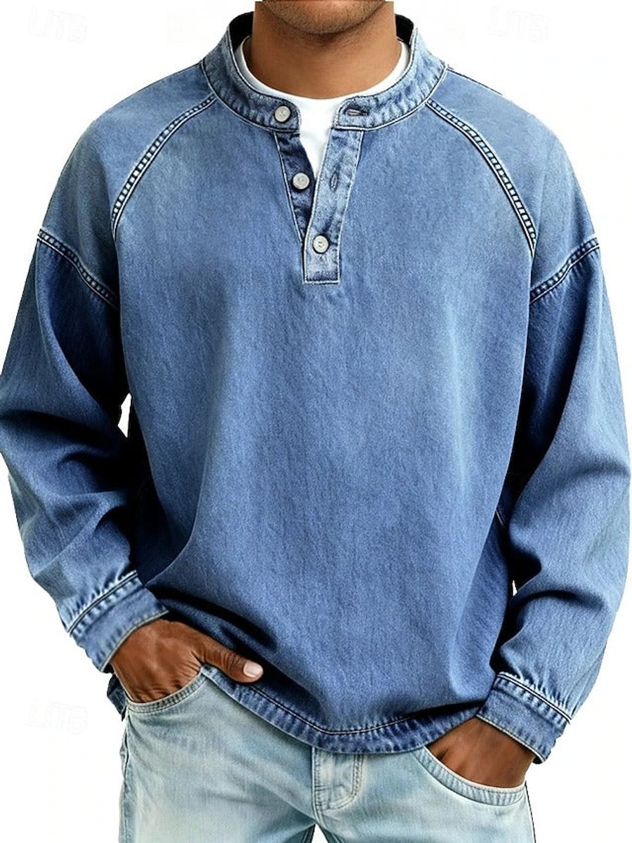 Men's Vintage Washed Henley Raglan Pullover Sweatshirt - Light Blue