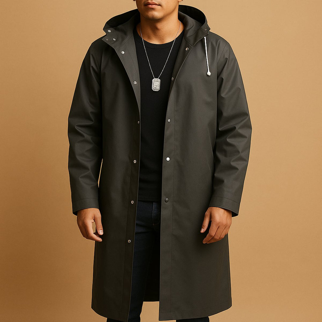 Men's Waterproof Hooded Long Rain Jacket EVA Relaxed Fit