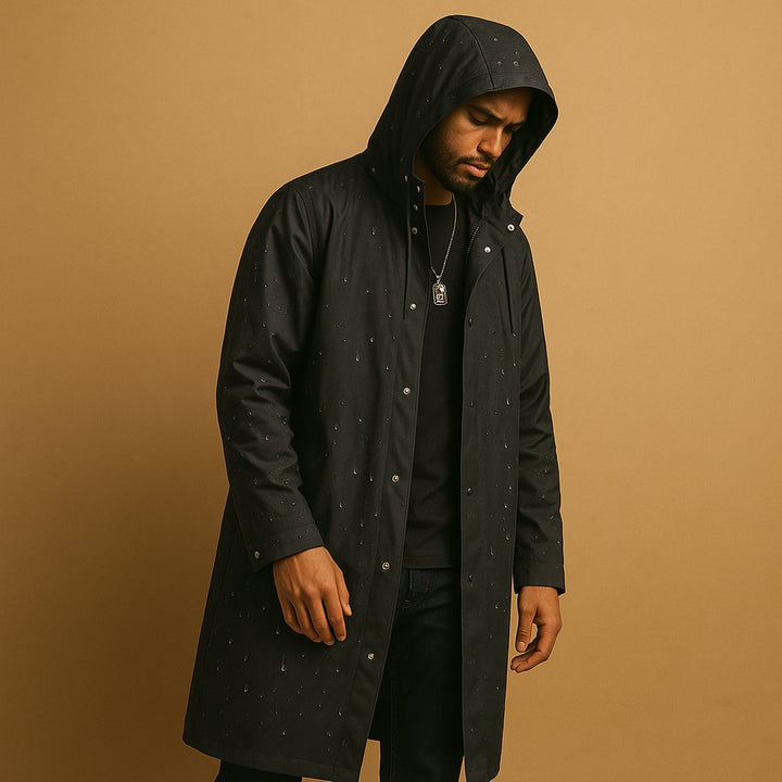 Men's Waterproof Hooded Long Rain Jacket EVA Relaxed Fit