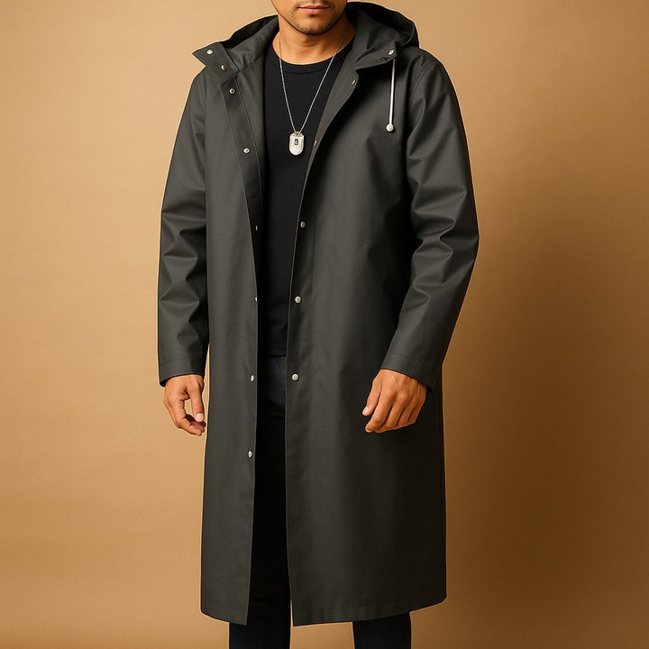 Men's Waterproof Hooded Long Rain Jacket EVA Relaxed Fit - Black