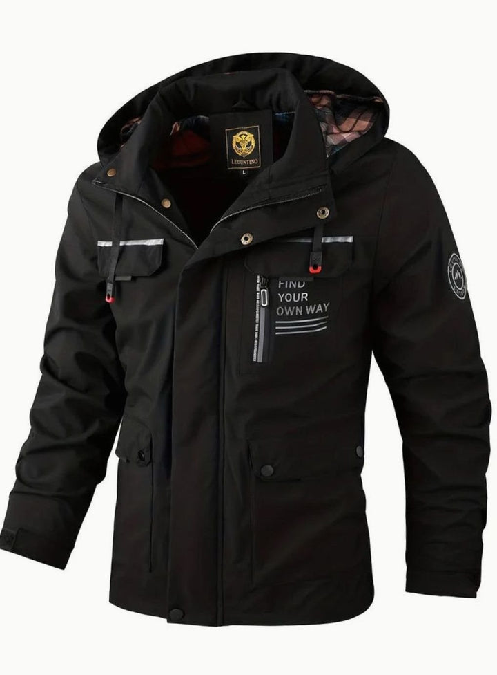 Men's Waterproof Hooded Multi-Pocket Winter Jacket - Black