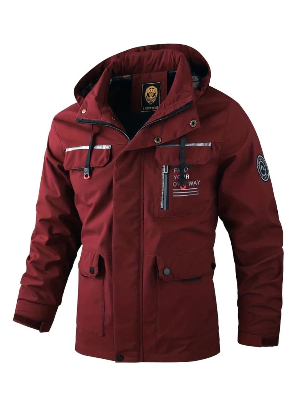 Men's Waterproof Hooded Multi-Pocket Winter Jacket - Burgundy