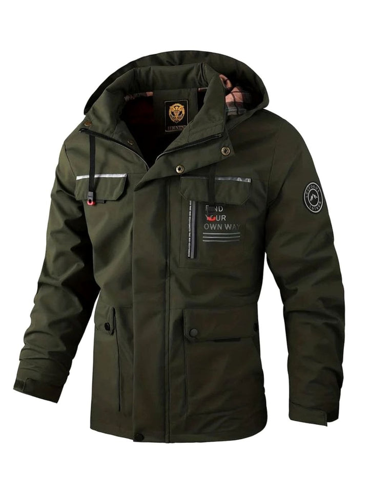 Men's Waterproof Hooded Multi-Pocket Winter Jacket - Dark Green