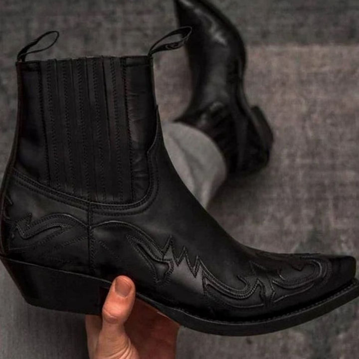 Men's Western Cowboy Style Boots Pointed-Toe Embroidered Chelsea Ankle Boot - Black