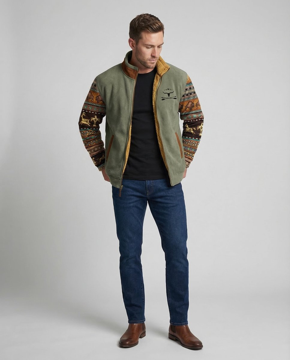 Men's Western Print Sherpa-Lined Full-Zip Fleece Jacket
