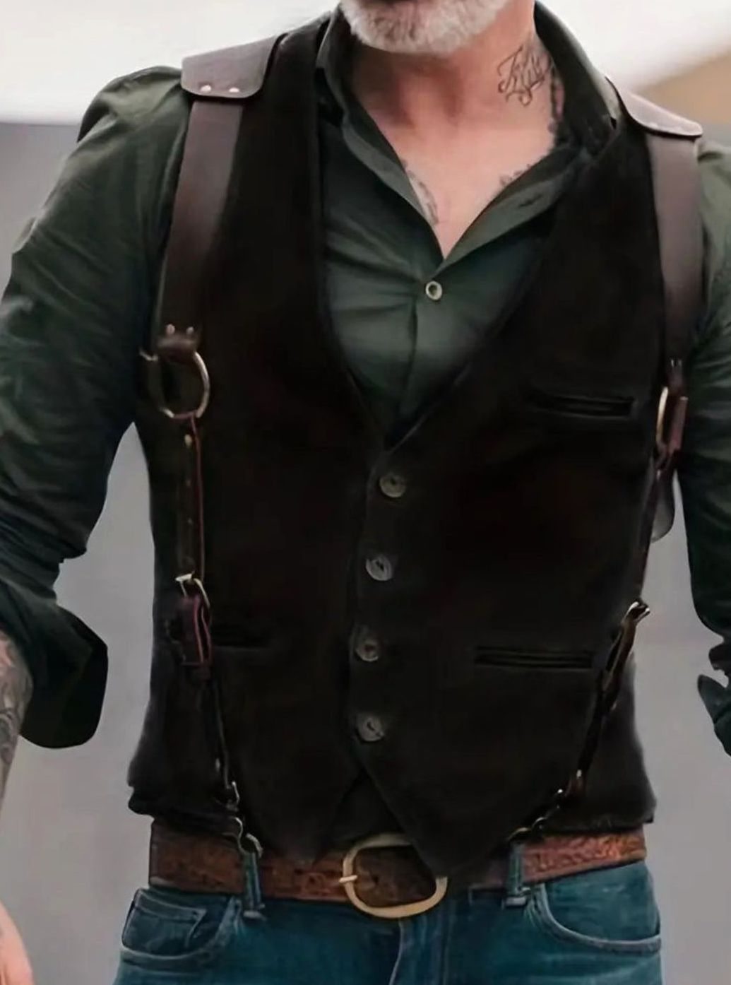 Men's Western Suede Look Vest Leather Strap Button-Up - Black