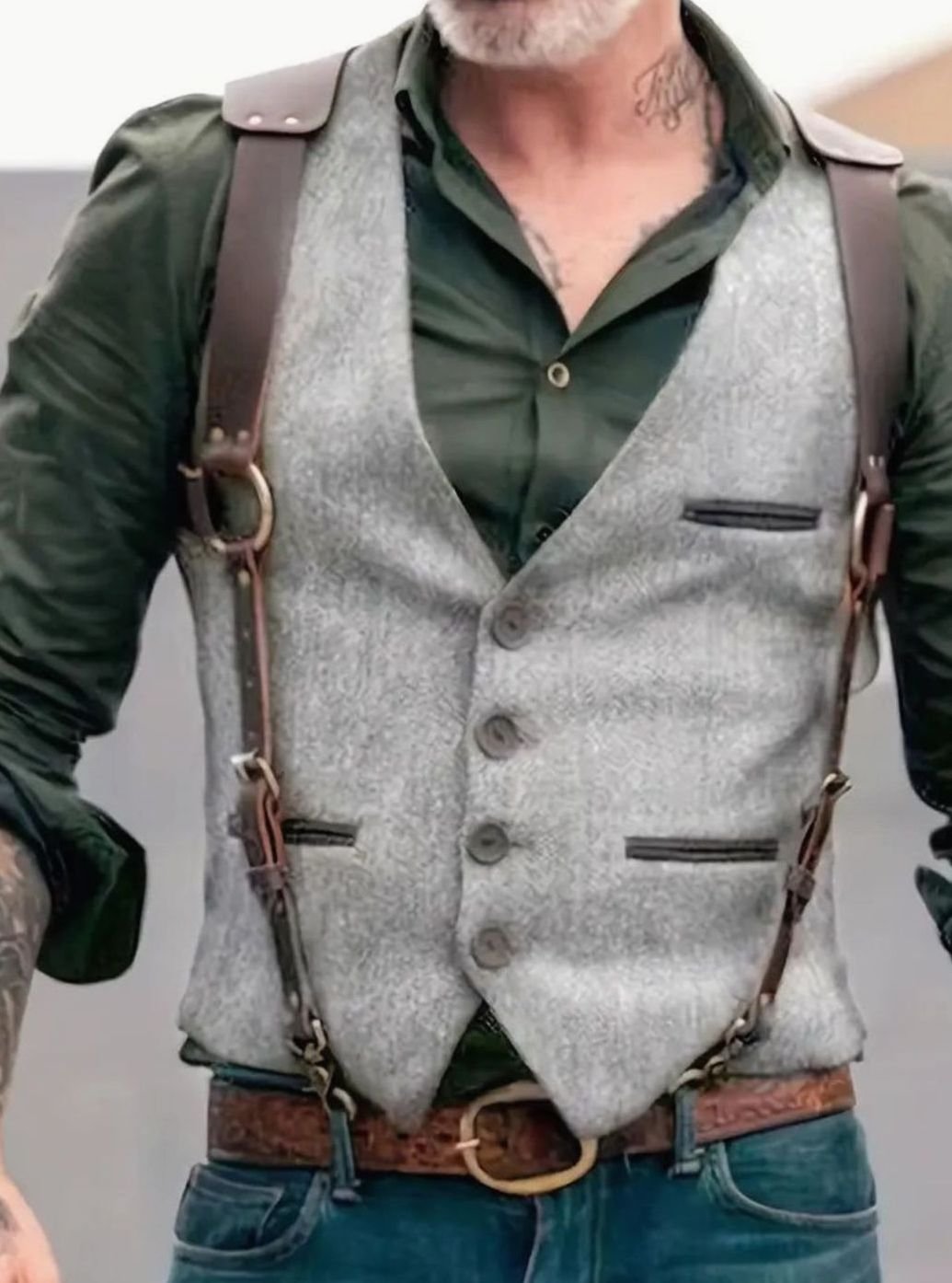 Men's Western Suede Look Vest Leather Strap Button-Up - Light Grey