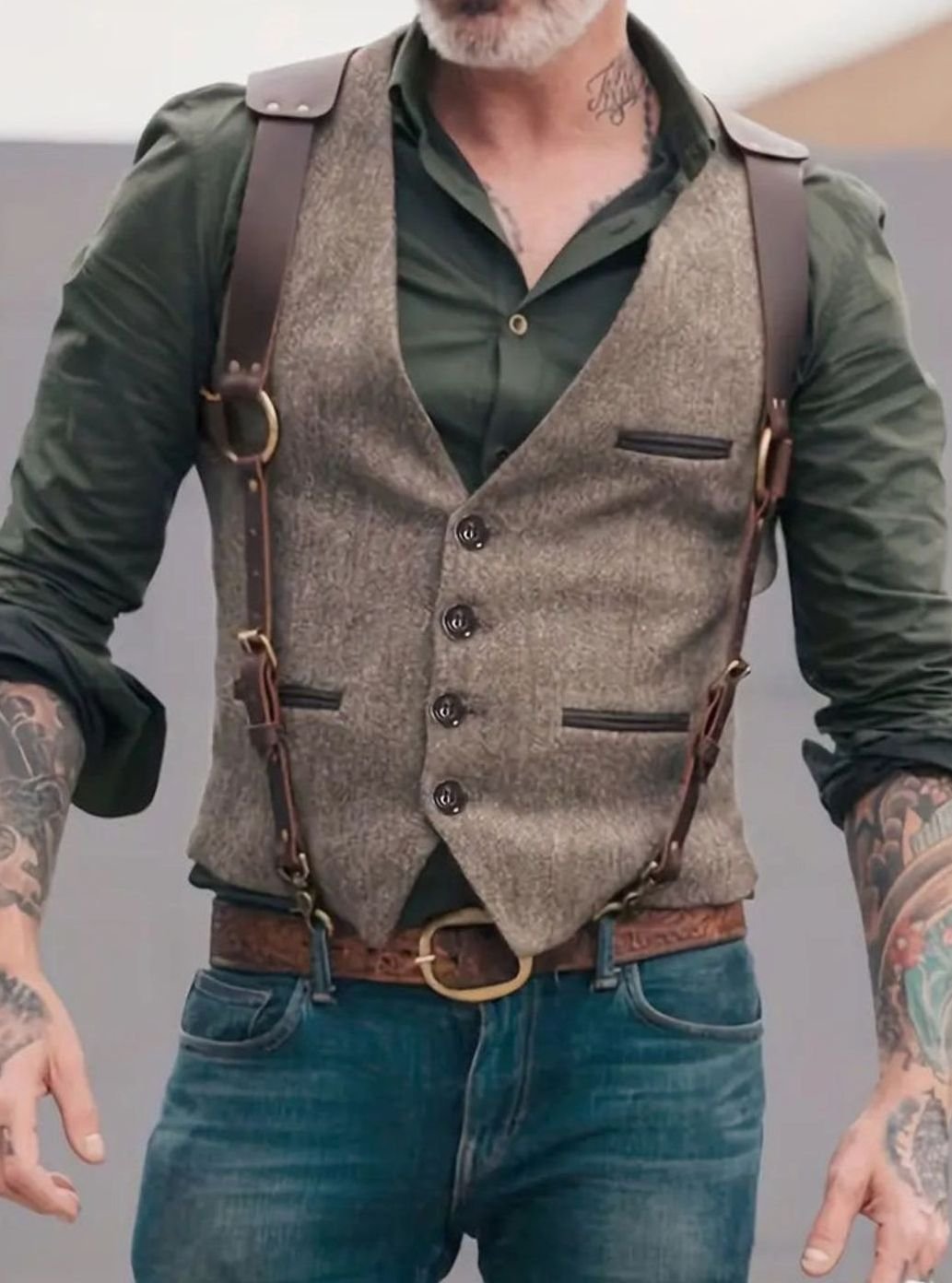 Men's Western Suede Look Vest Leather Strap Button-Up - Light Brown